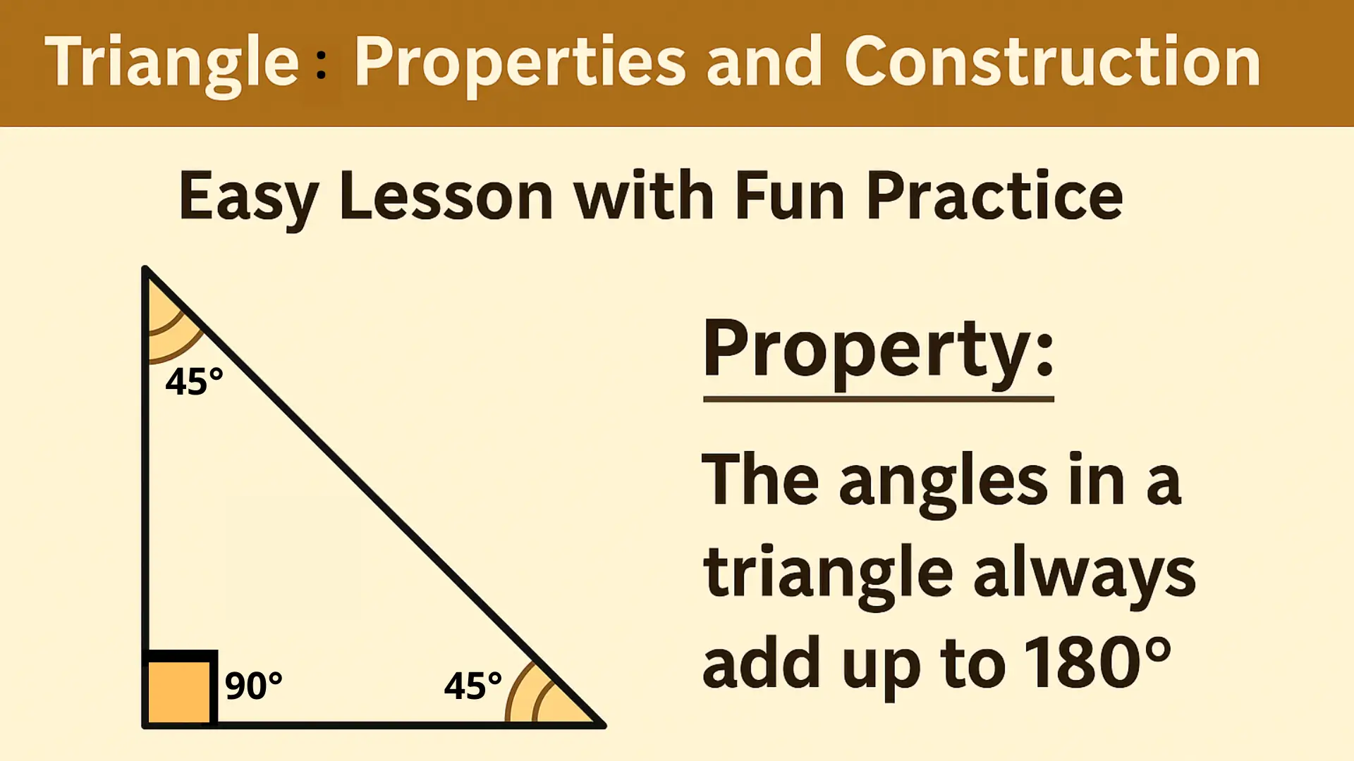 Triangles Properties and Construction showing that the angles in a triangle always add up to 180 degrees.