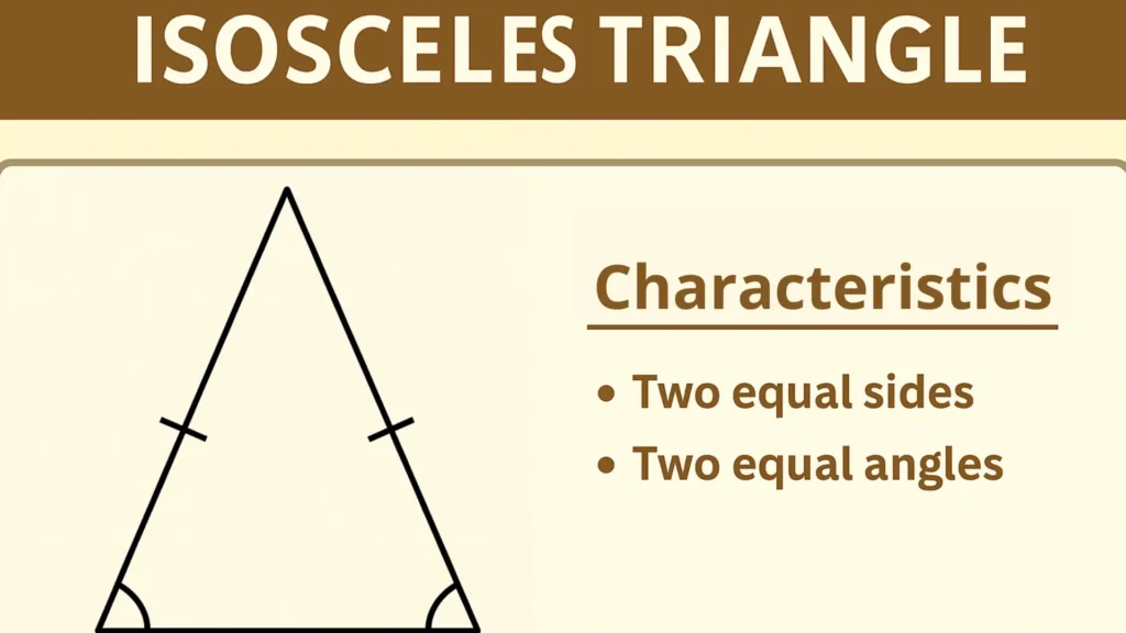 Triangle Properties and Construction – Isosceles Triangle showing two equal sides and two equal angles in a clear educational diagram.
