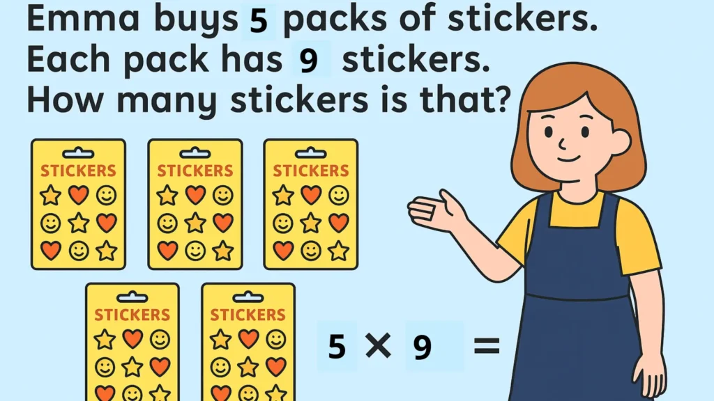 Educational illustration for 5th grade multiplication worksheets showing Emma buying 5 packs of stickers with 9 stickers each, representing the equation 5 × 9.