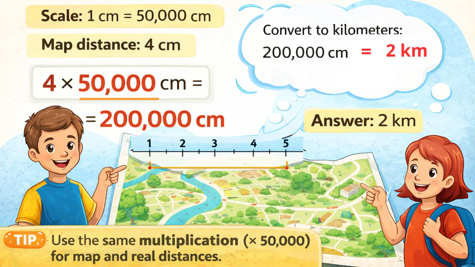Map scale (1:n) example showing how to find real distance from map distance using proportional reasoning and a 1:50,000 scale.